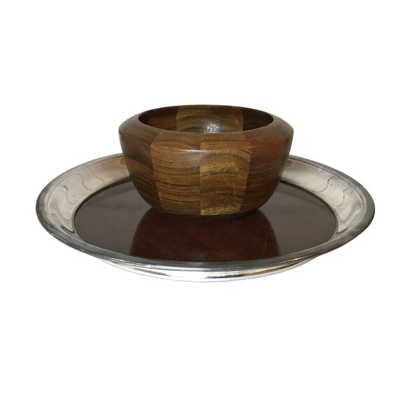 MCM Round Wooden Tray With Silver-Plated Rim By F.B. Rogers Silver Co. 9" - Picture 5 of 8